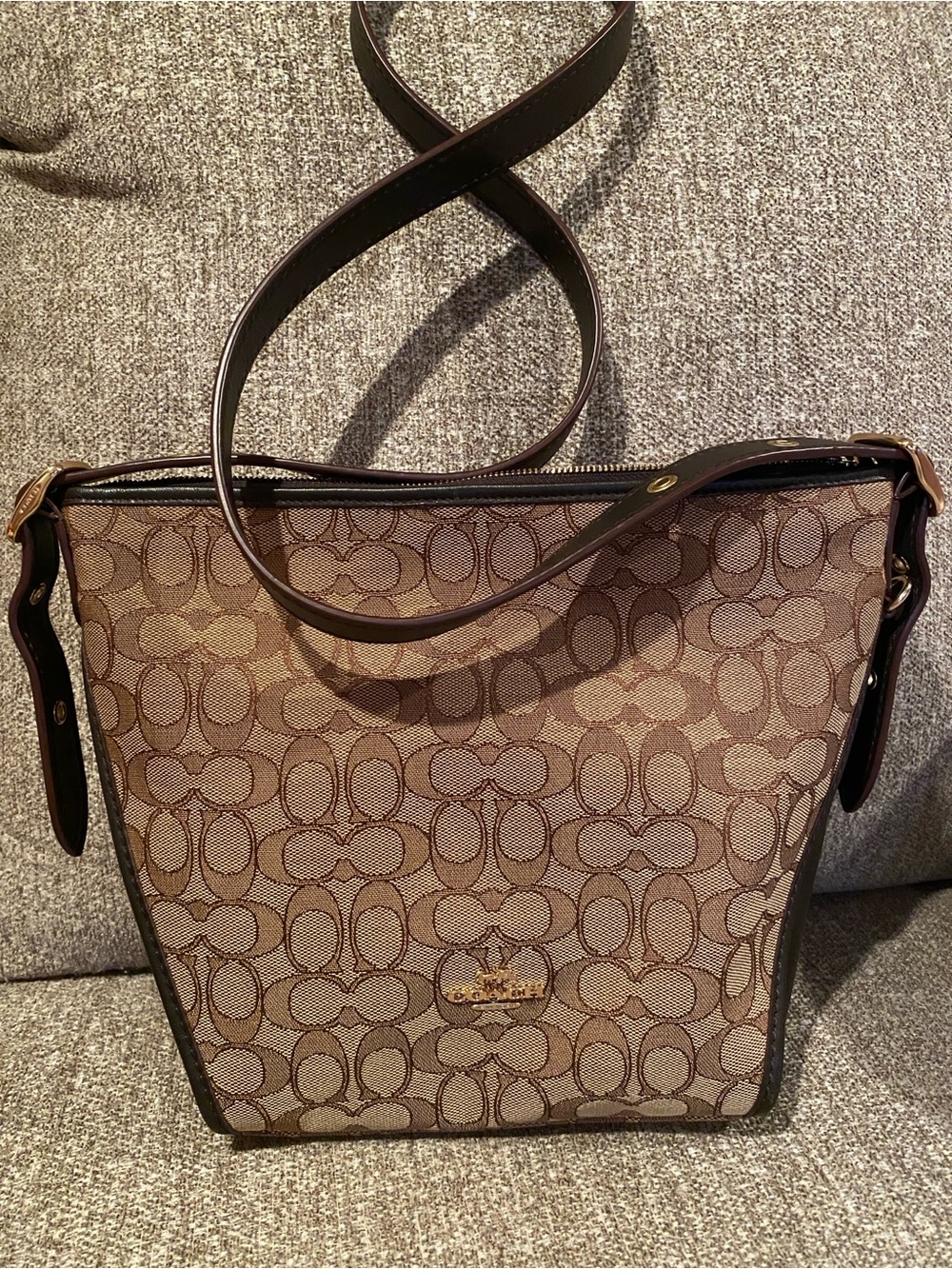 Coach Brown Signature Canvas Shoulder Bag with Dark Trim